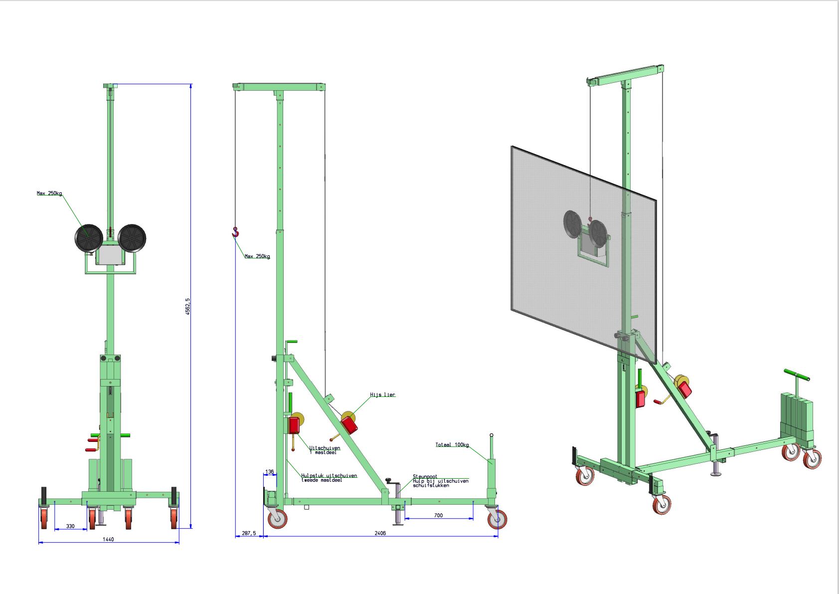 HS200 Micoloto, glaslift tot 4.5 meter 250 kg.
